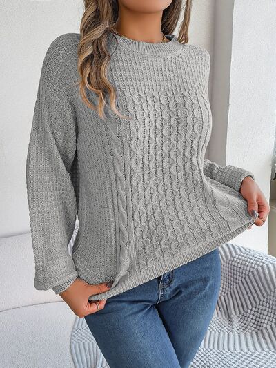 Cable-Knit Round Neck Long Sleeve Sweater (3 Colors) Shirts & Tops Krazy Heart Designs Boutique Charcoal S 