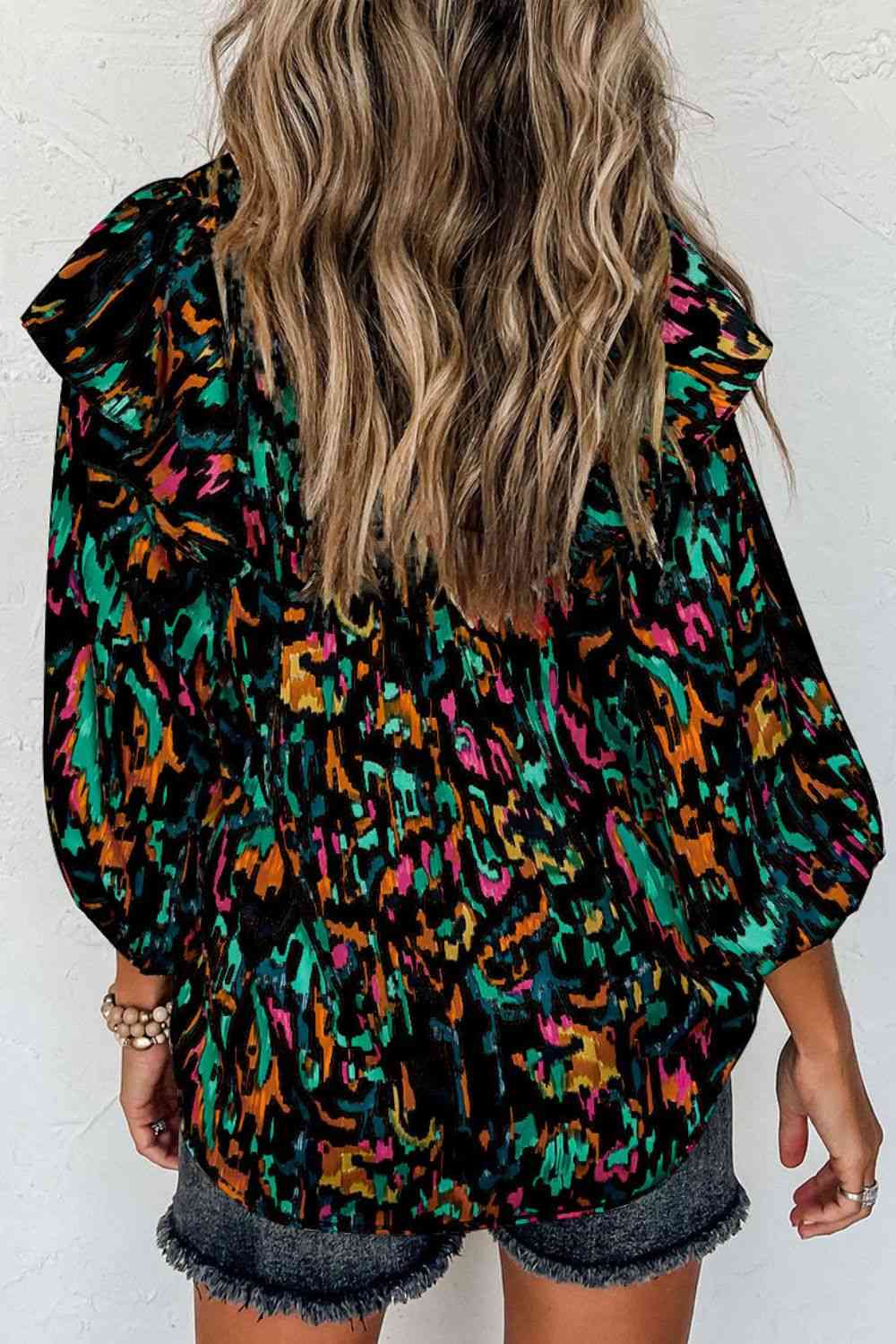 Printed Notched Neck Ruffled Blouse (3 Colors)  Krazy Heart Designs Boutique   