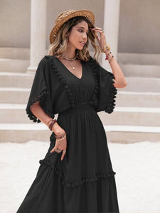 Tassel Trim Smocked V-Neck Short Sleeve Dress (7 Colors) Dress Krazy Heart Designs Boutique Black S 