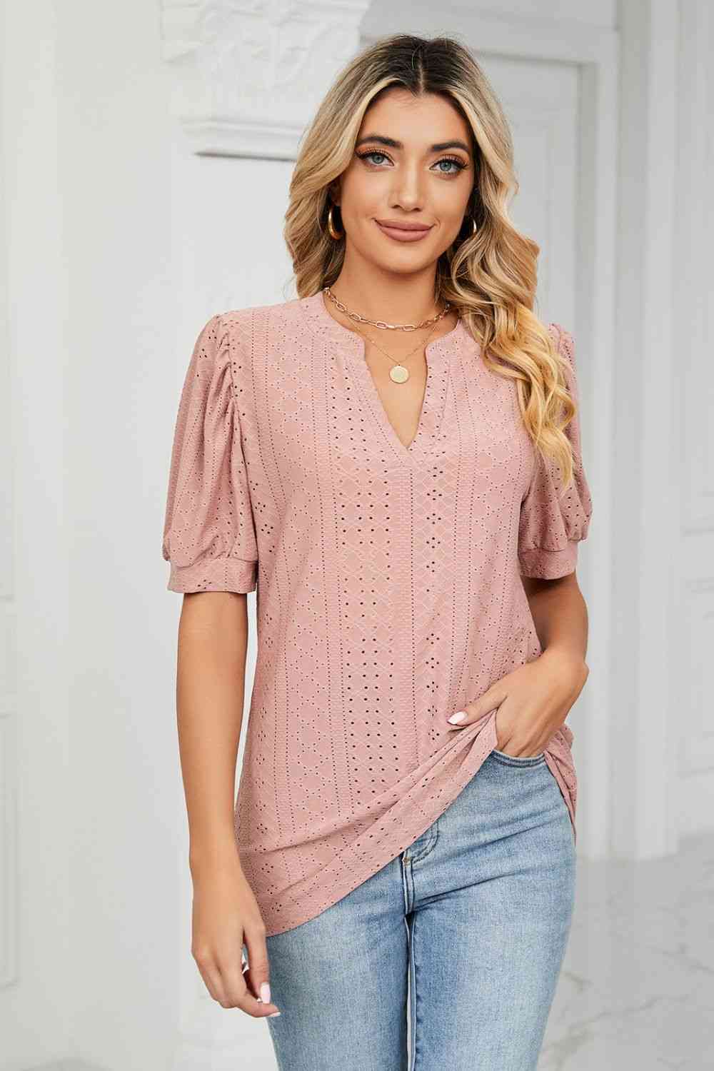 Eyelet Short Puff Sleeve Notched Neck Top (12 Colors)  Krazy Heart Designs Boutique Mauve S 