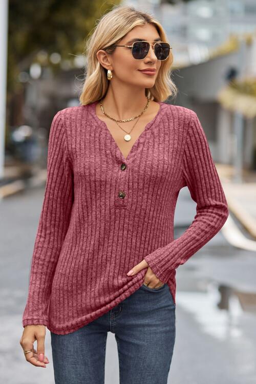 Ribbed Half Button Long Sleeve Knit Top (6 Colors) Shirts & Tops Krazy Heart Designs Boutique Deep Rose S 