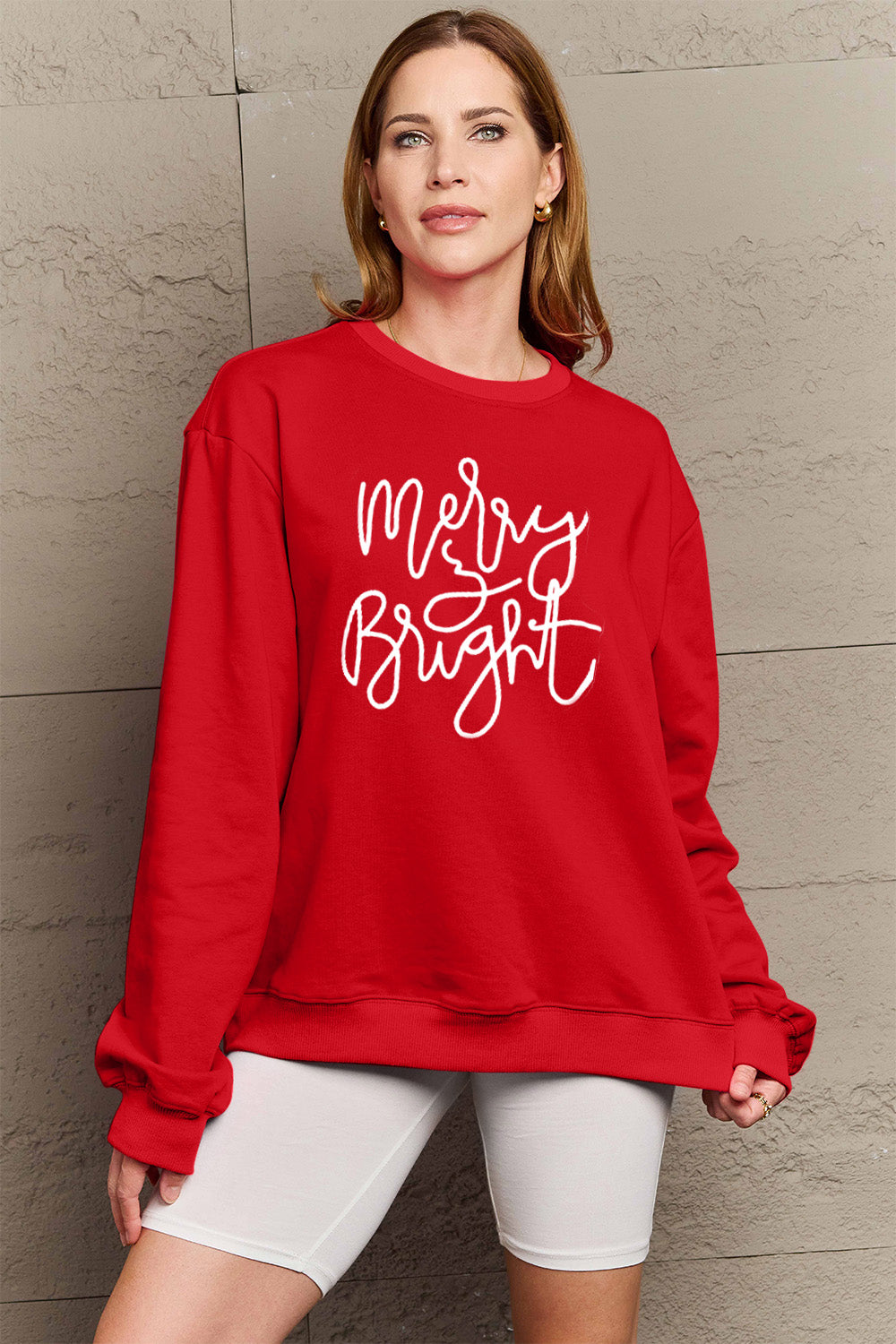 Simply Love Full Size MERRY AND BRIGHT Graphic Sweatshirt (3 Colors)  Krazy Heart Designs Boutique Red S 