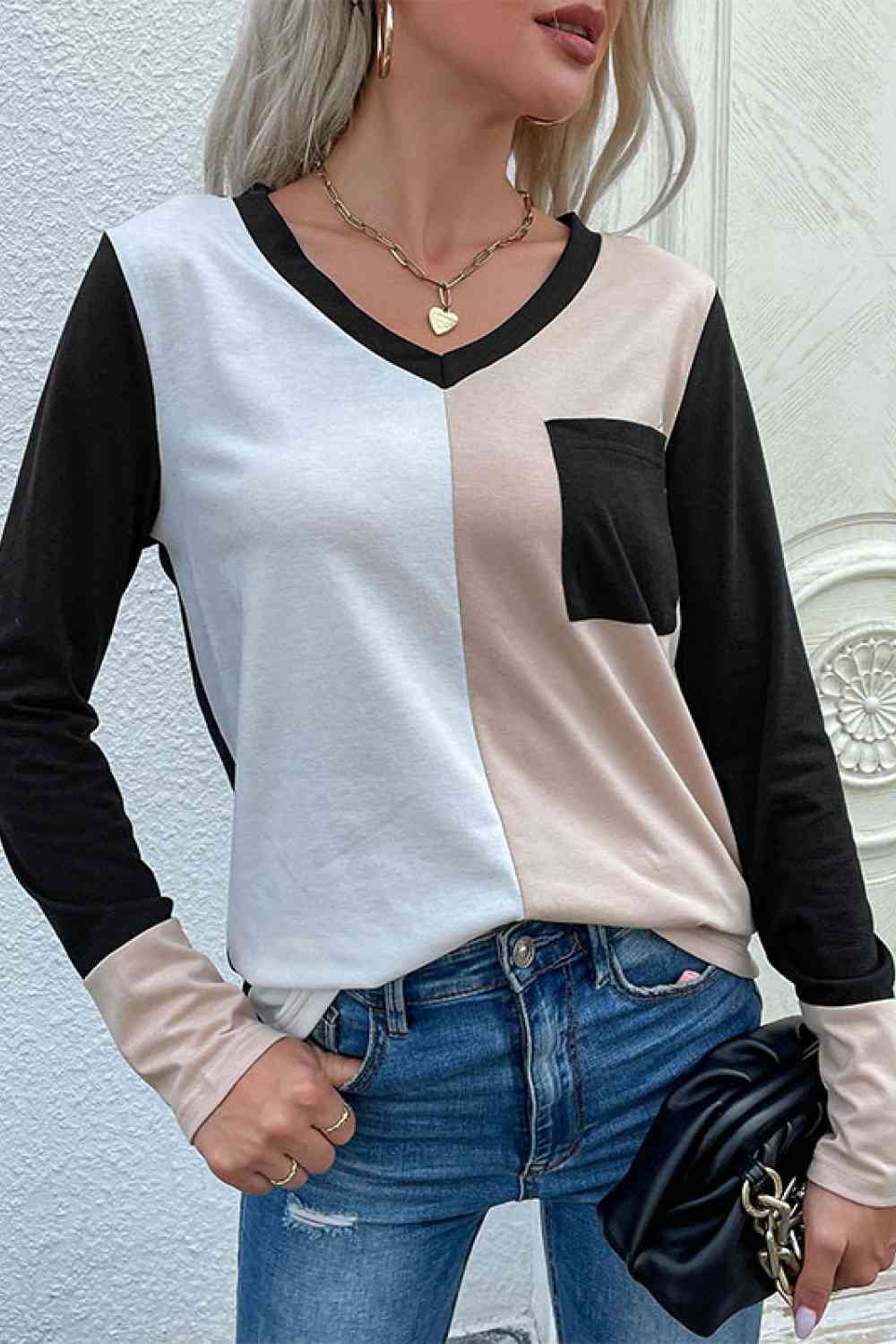 Spliced Long Sleeve Tee with Pocket  Krazy Heart Designs Boutique   