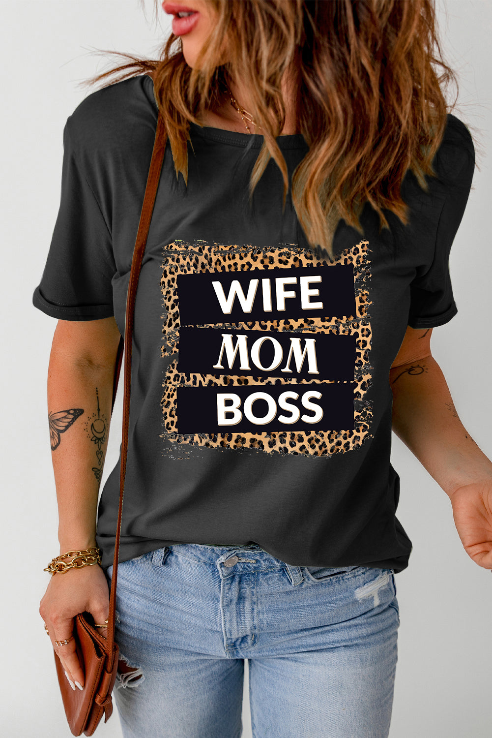 WIFE MOM BOSS Leopard Graphic Tee  Krazy Heart Designs Boutique Black S 