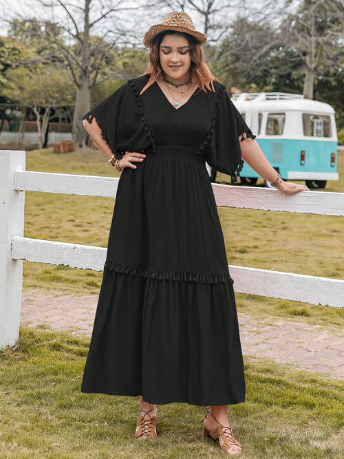 Plus Size Tassel Trim V-Neck Short Sleeve Ruffle Hem Dress (2 Colors) Dress Krazy Heart Designs Boutique Black 0XL 