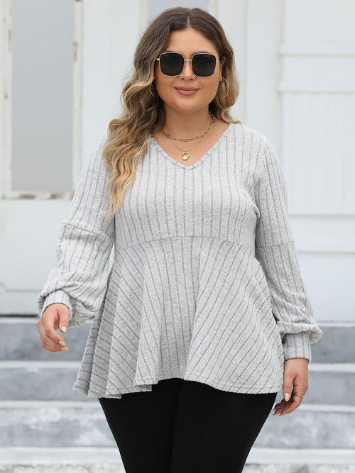 Plus Size Ribbed V-Neck Long Sleeve Blouse (4 Colors) Shirts & Tops Krazy Heart Designs Boutique   