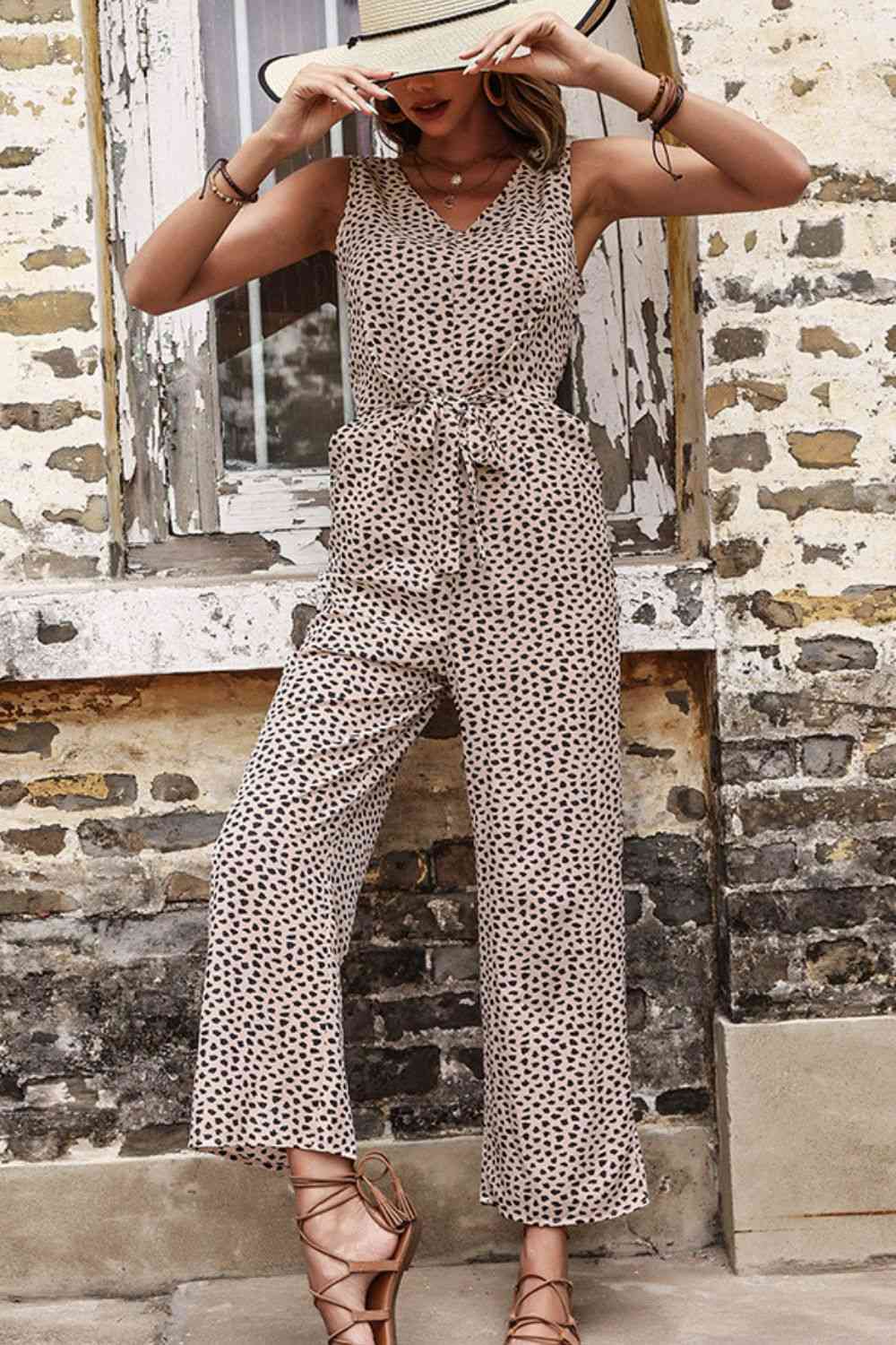 Printed Tie Front Sleeveless Jumpsuit  Krazy Heart Designs Boutique   