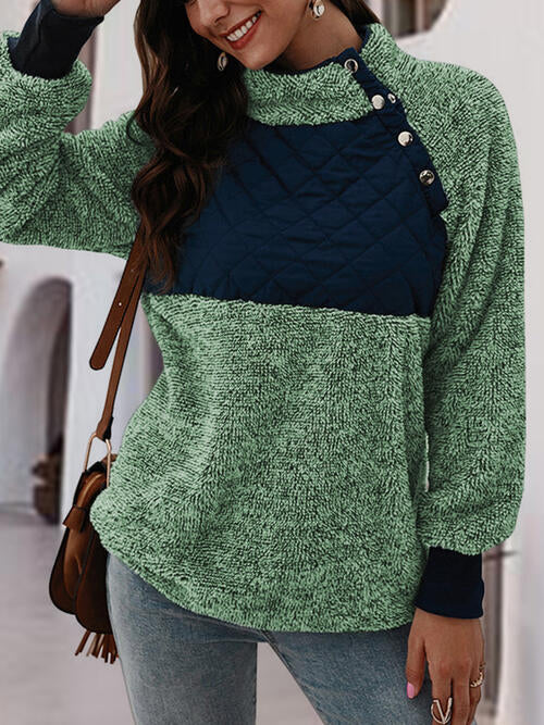 Contrast Turtleneck Half Snap Sweatshirt (2 Colors) Shirts & Tops Krazy Heart Designs Boutique Mid Green S 