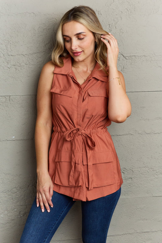 Ninexis Follow The Light Sleeveless Collared Button Down Top  Krazy Heart Designs Boutique Brick Red S 