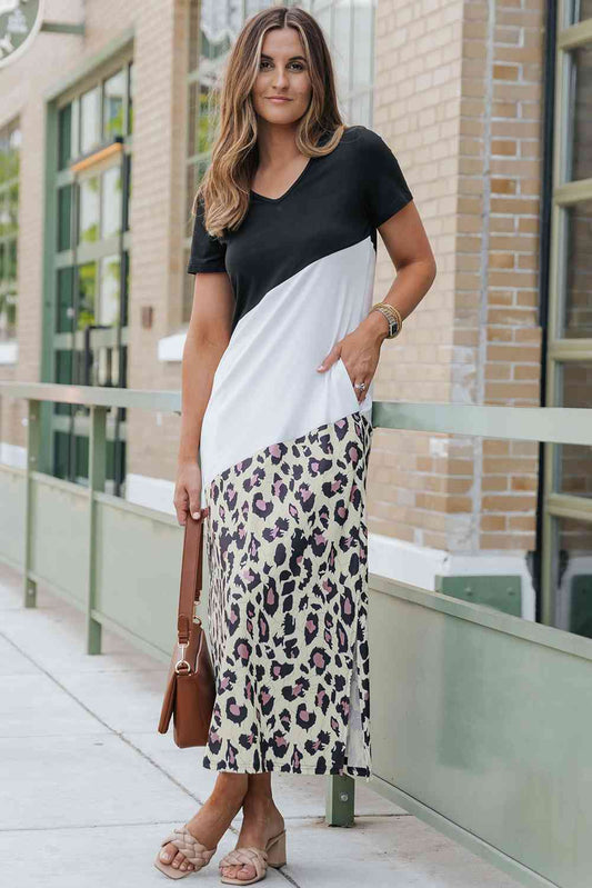 Leopard Print Color Block V-Neck With Pocket Slit Dress  Krazy Heart Designs Boutique Multicolor S 