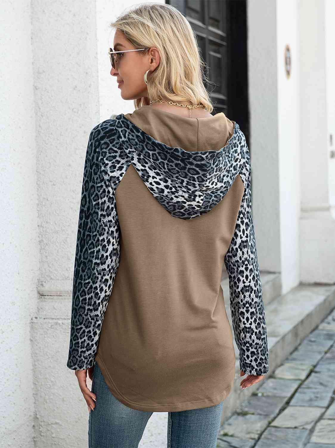 Leopard Print Drawstring Pocketed Raglan Sleeve Hoodie Shirts & Tops Krazy Heart Designs Boutique   