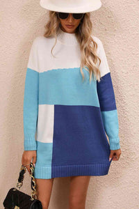 Color Block Mock Neck Dropped Shoulder Sweater Dress (4 Colors)  Krazy Heart Designs Boutique Pastel  Blue S 