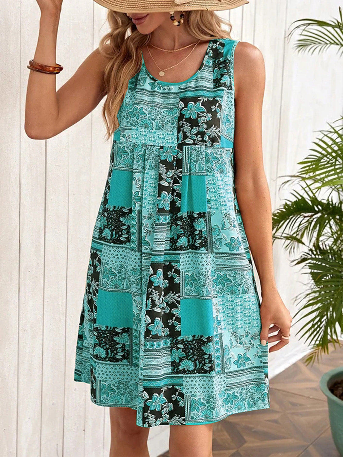 Patchwork Printed Sleeveless Mini Dress (4 Colors)  Krazy Heart Designs Boutique Tiffany Blue S 