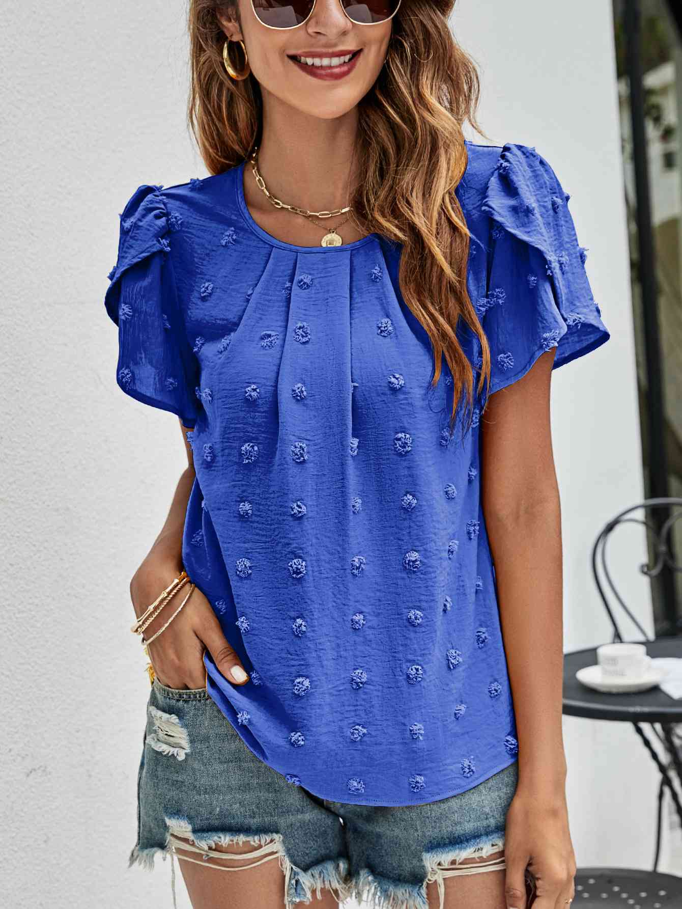 Swiss Dot Round Neck Petal Sleeve Top (10 Colors)  Krazy Heart Designs Boutique Royal  Blue S 