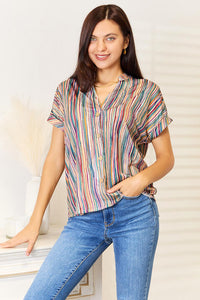 Double Take Multicolored Stripe Notched Neck Top  Krazy Heart Designs Boutique   
