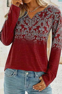 Printed Pattern Notched Long Sleeve Top (4 Colors) Shirts & Tops Krazy Heart Designs Boutique Deep Red S 
