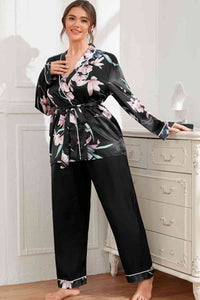 Plus Size Floral Belted Robe and Pants Pajama Set (2 Colors) Loungewear Krazy Heart Designs Boutique Black 1XL 