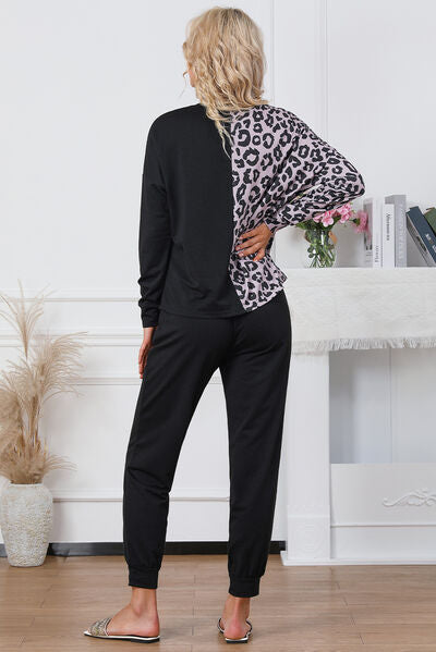 Leopard Print Round Neck Top and Drawstring Pants Lounge Set Loungewear Krazy Heart Designs Boutique   