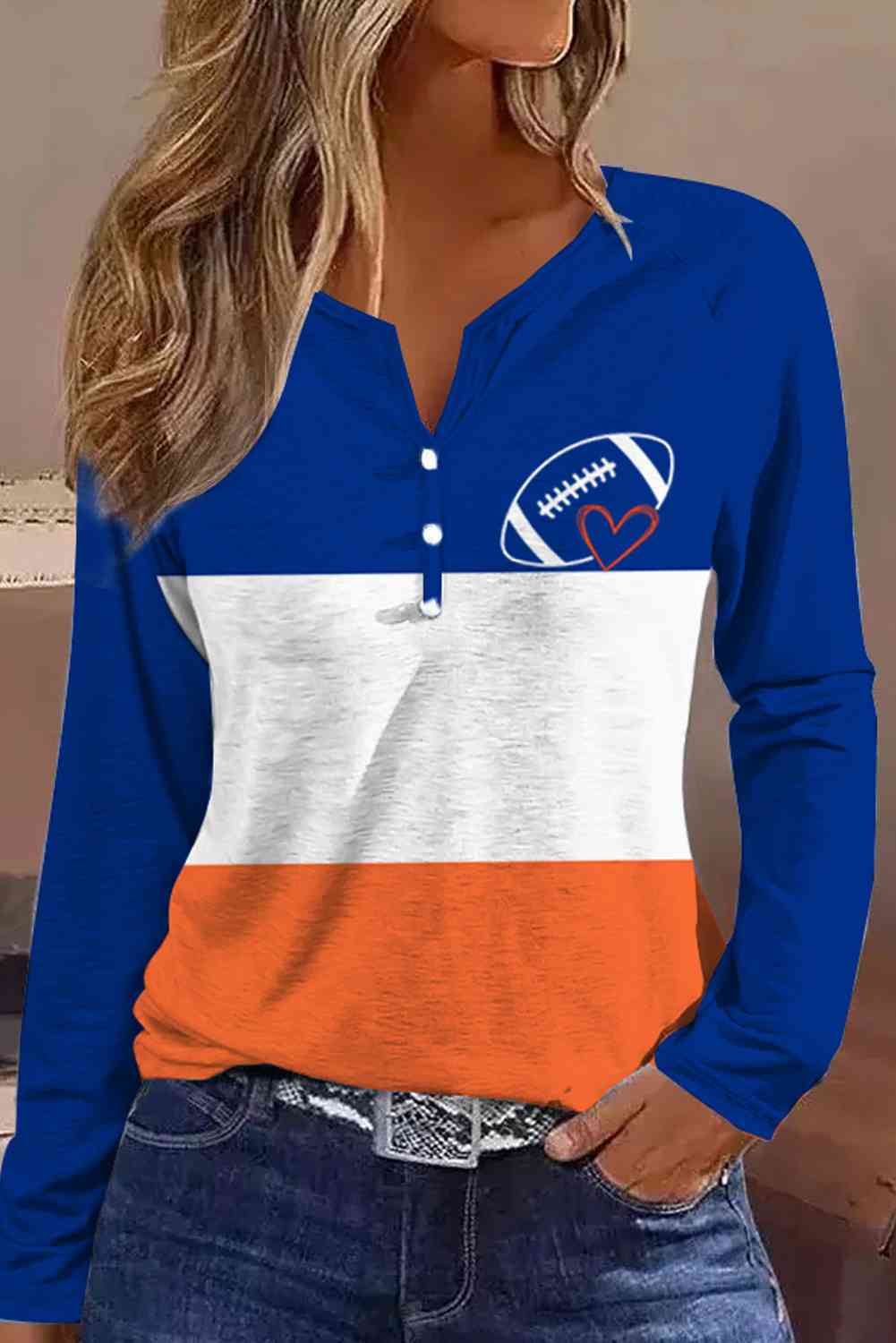 Football Graphic Notched Neck Top Shirts & Tops Krazy Heart Designs Boutique Peacock  Blue S 