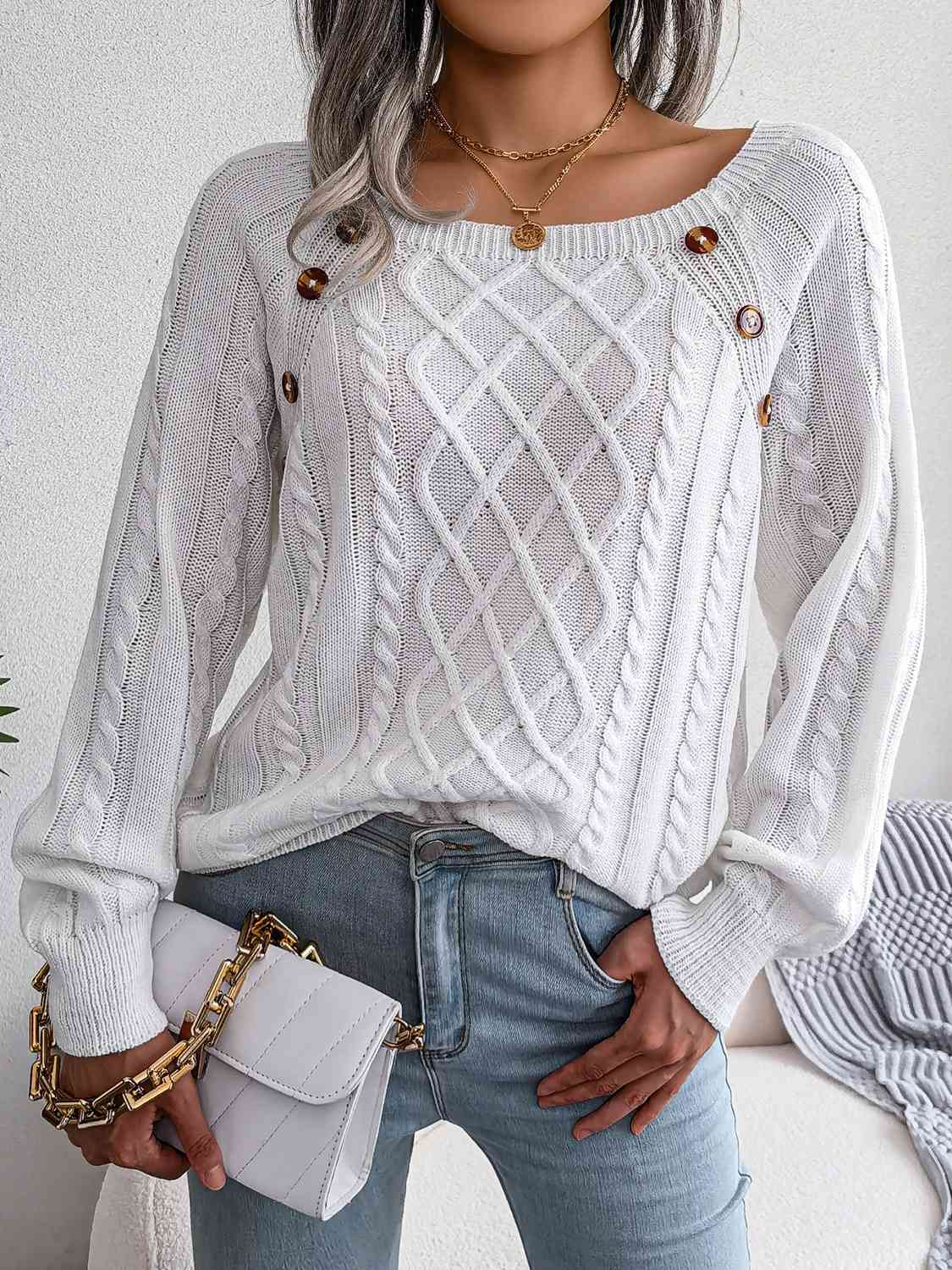 Decorative Button Cable-Knit Sweater (5 Colors) Shirts & Tops Krazy Heart Designs Boutique White S 