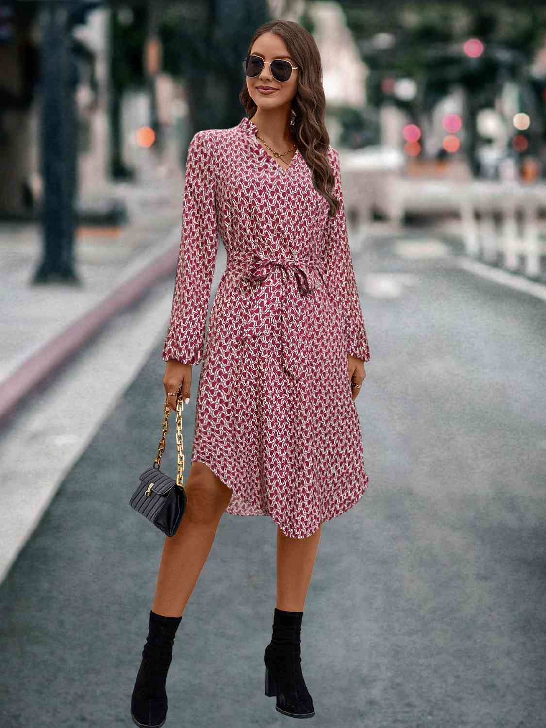 Printed Notched Tie Front Long Sleeve Dress (2 Colors) Dress Krazy Heart Designs Boutique Deep Red S 
