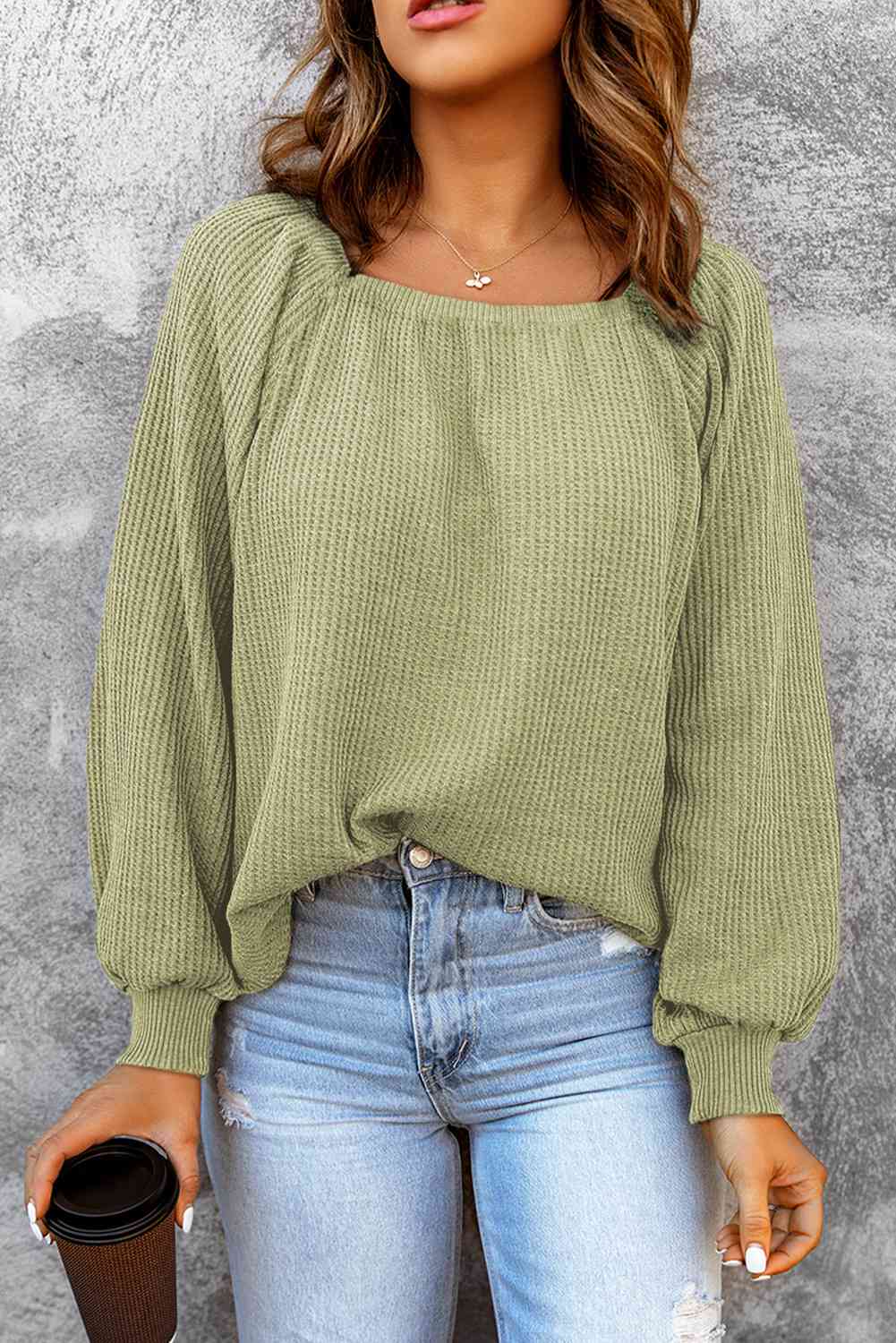 Square Neck Waffle-Knit Top (10 Colors)  Krazy Heart Designs Boutique Light Green S 