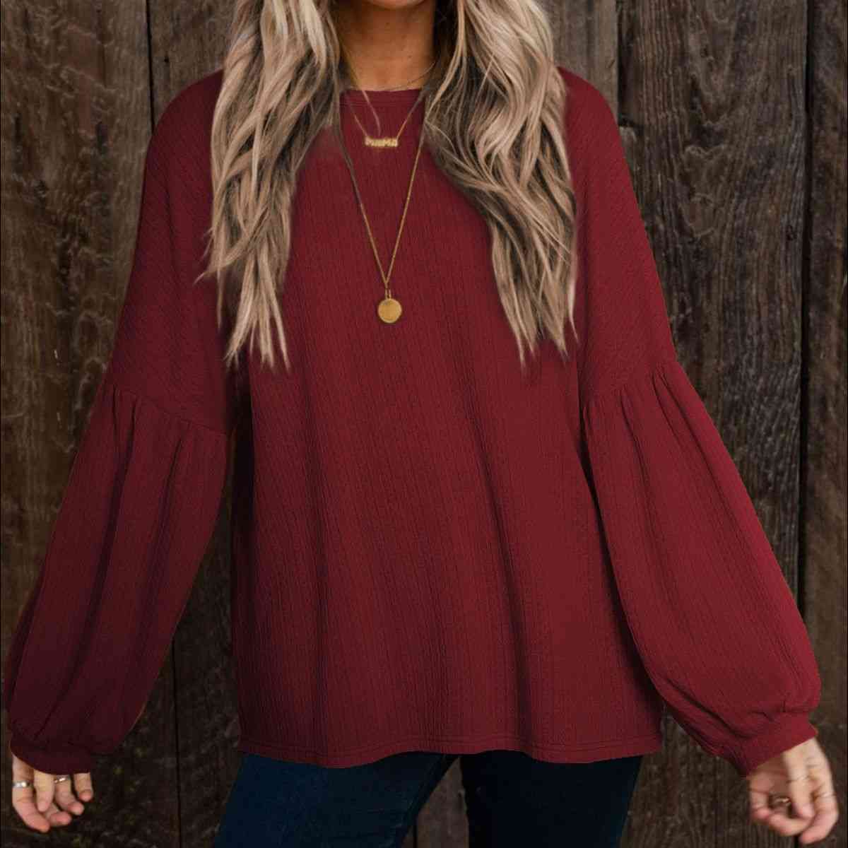 Round Neck Long Sleeve Ruched Blouse  Krazy Heart Designs Boutique Wine S 