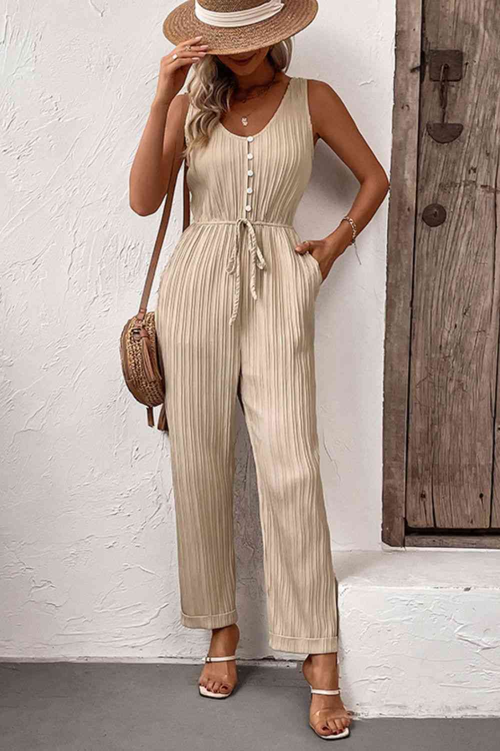 Textured Sleeveless Jumpsuit with Pockets  Krazy Heart Designs Boutique   