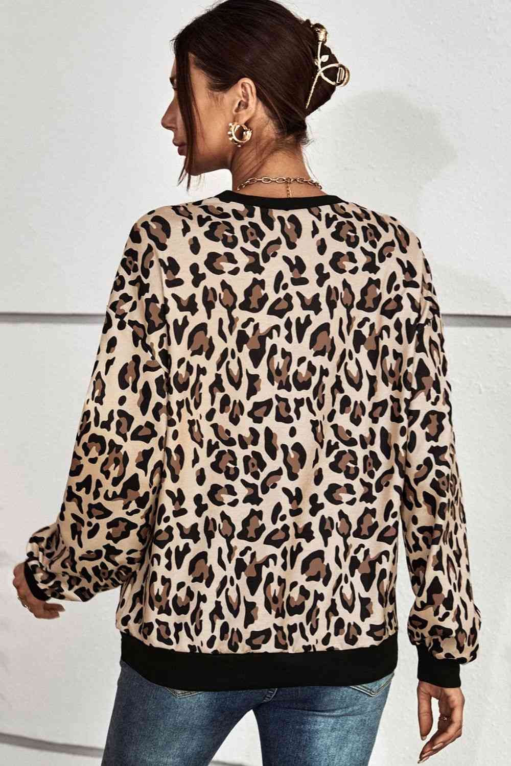 Leopard Print Round Neck Dropped Shoulder Sweatshirt (2 Colors) Shirts & Tops Krazy Heart Designs Boutique   