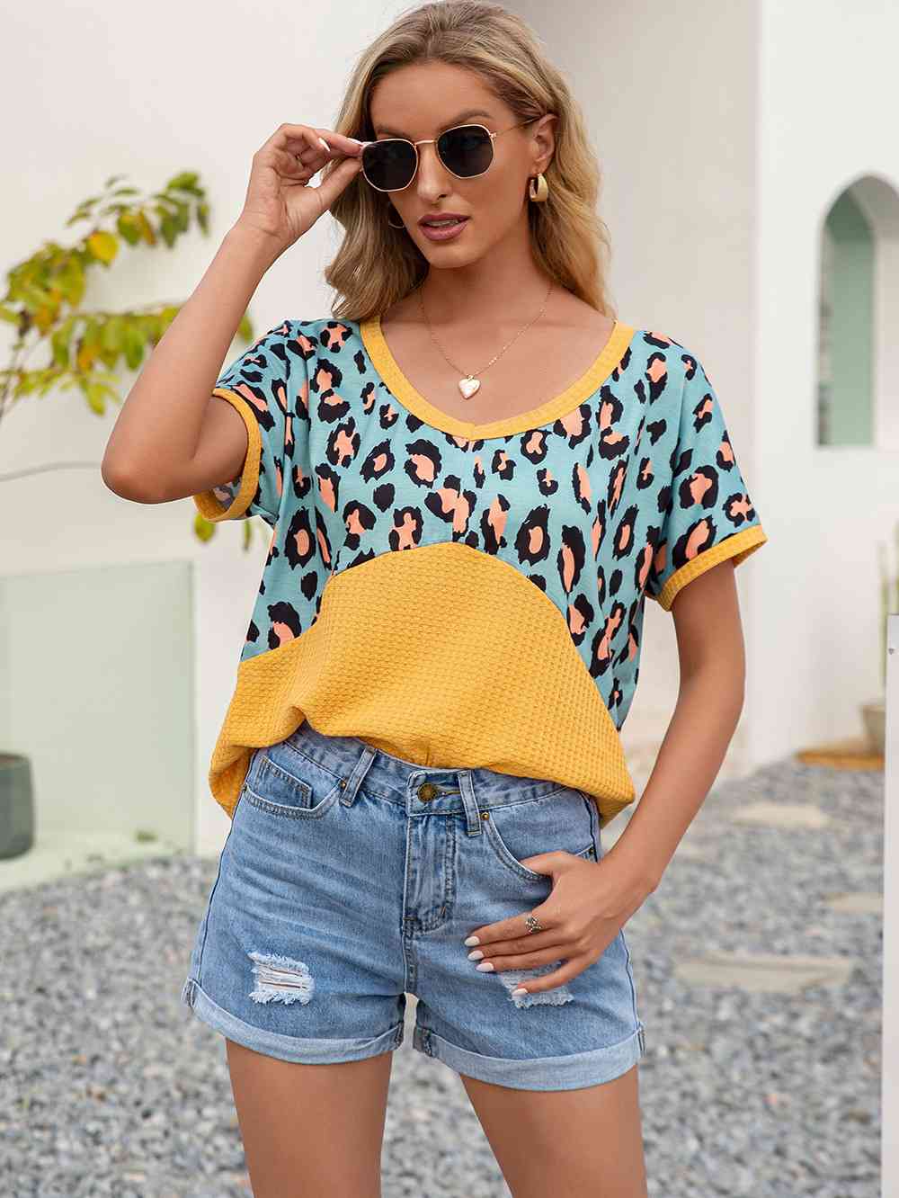 Leopard Waffle-Knit Short Sleeve Top (4 Colors) Shirts & Tops Krazy Heart Designs Boutique Banana Yellow S 