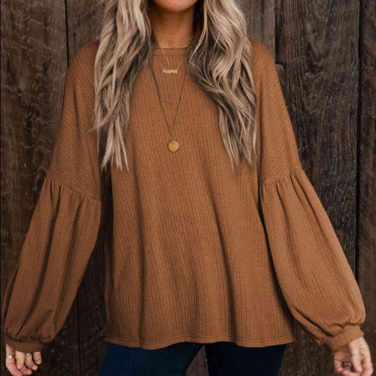 Round Neck Long Sleeve Ruched Blouse  Krazy Heart Designs Boutique Camel S 