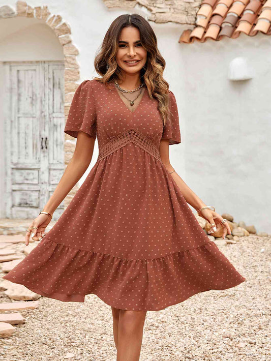 Swiss Dot V-Neck Openwork Puff Sleeve Dress (3 Colors)  Krazy Heart Designs Boutique Brick Red S 