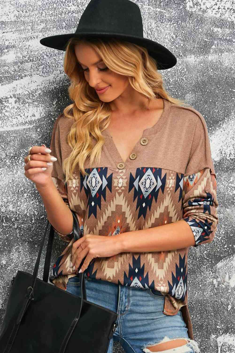 Brown Western Print Buttoned V Neck Top  Krazy Heart Designs Boutique   