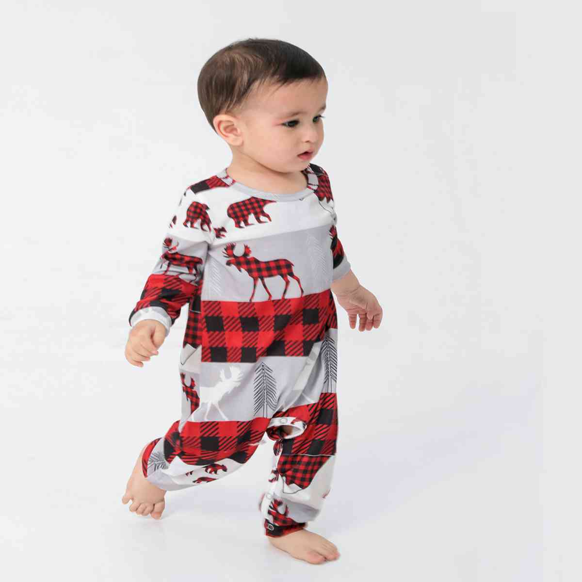 Reindeer & Plaid Round Neck Jumpsuit for Baby  Krazy Heart Designs Boutique Deep Red 3-6M 