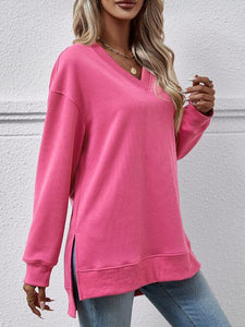 V-Neck Slit Long Sleeve Sweatshirt (9 Colors) Shirts & Tops Krazy Heart Designs Boutique Hot Pink S 