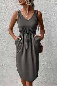 V-Neck Curved Hem Sleeveless Dress (6 Colors)  Krazy Heart Designs Boutique Dark Gray S 