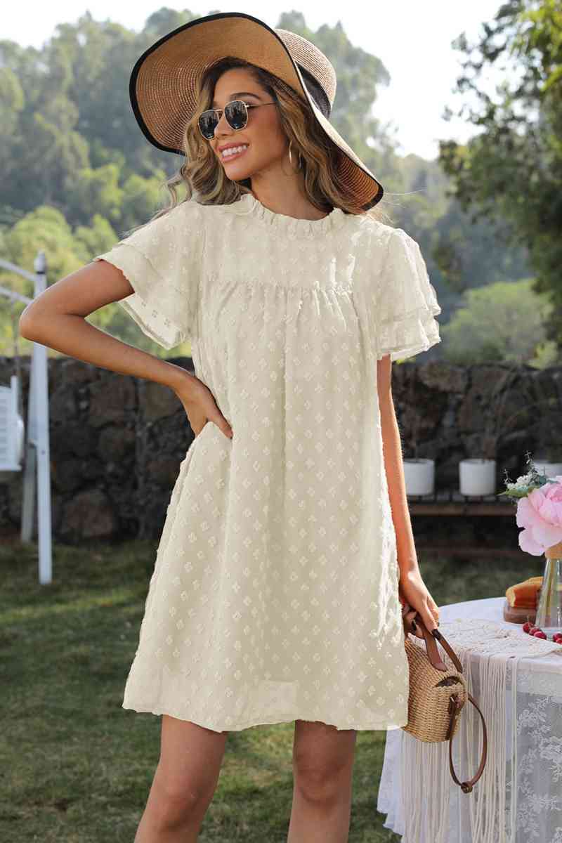 Swiss Dot Round Neck Flutter Sleeve Dress (6 Colors)  Krazy Heart Designs Boutique Cream S 
