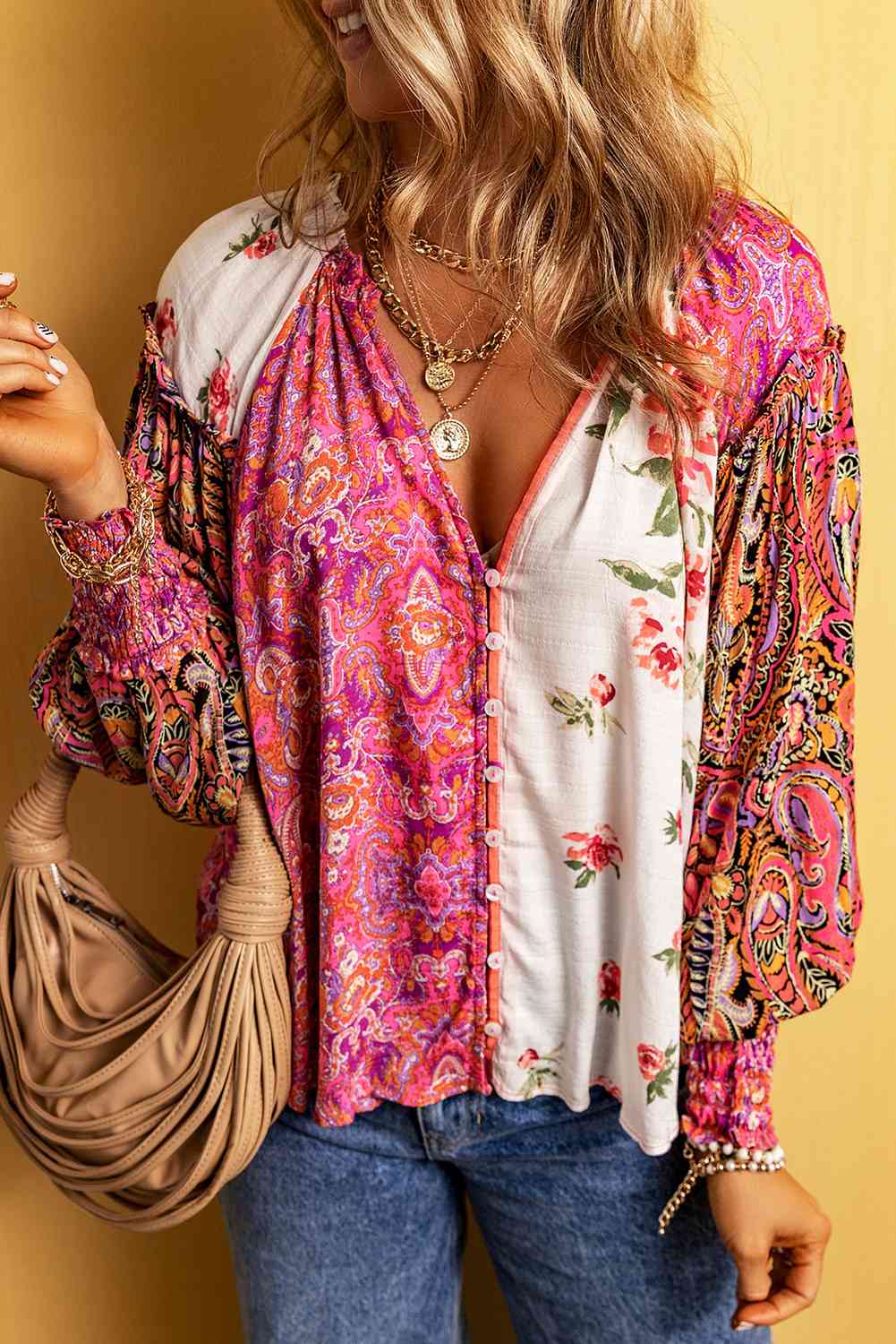 Multicolor Floral Notched Neck Lantern Sleeve Blouse  Krazy Heart Designs Boutique   