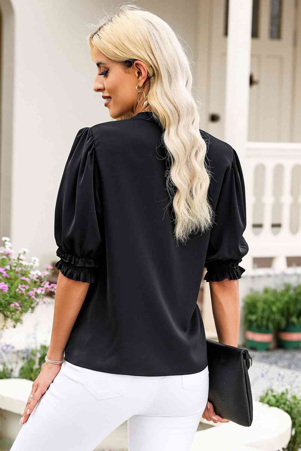 Notched Neck Puff Sleeve Blouse Shirts & Tops Krazy Heart Designs Boutique   