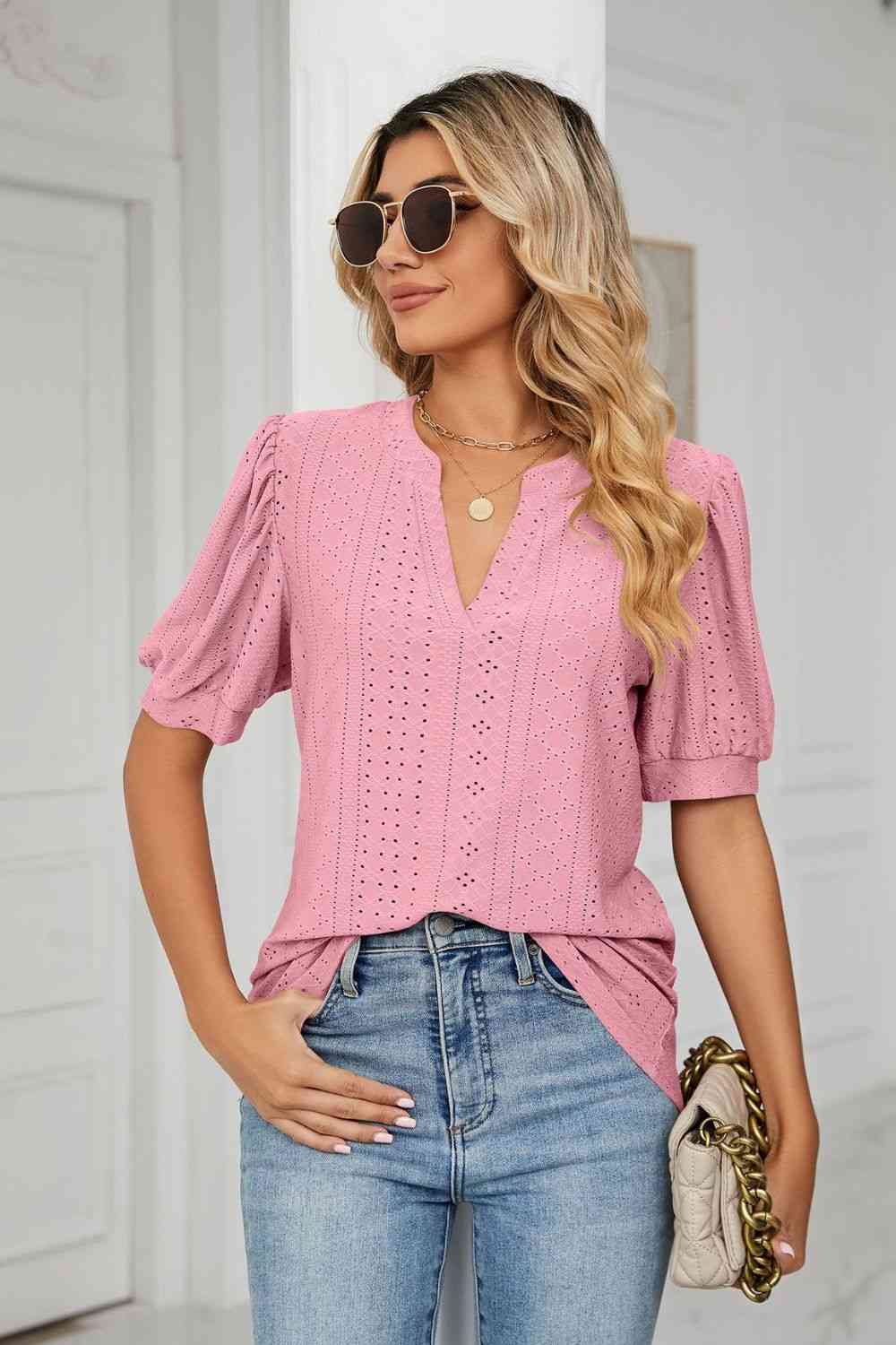 Eyelet Short Puff Sleeve Notched Neck Top (12 Colors)  Krazy Heart Designs Boutique Pink S 