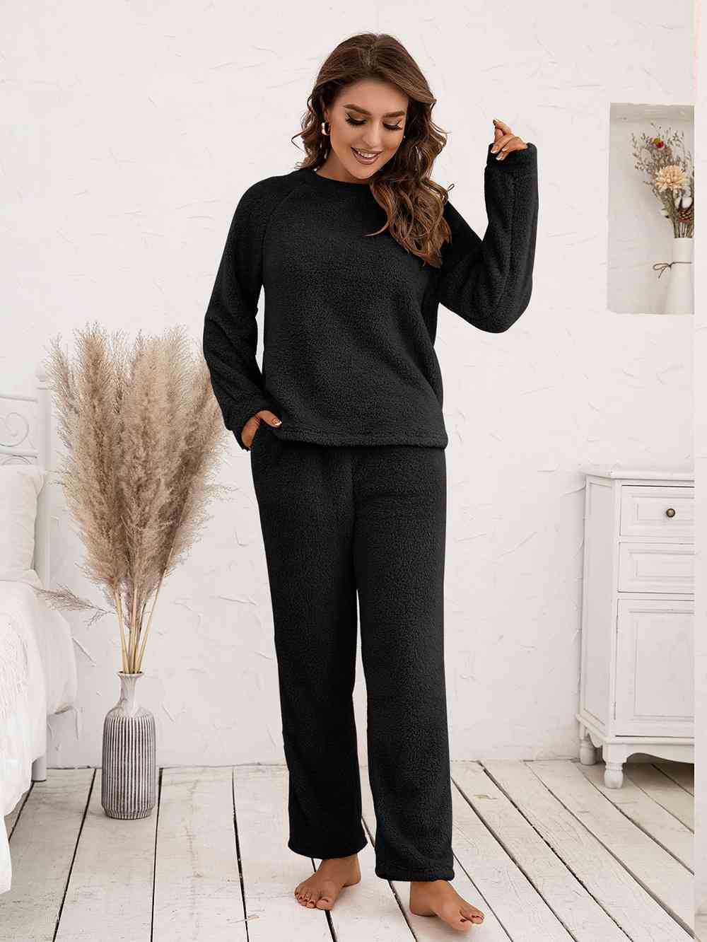 Teddy Long Sleeve Top and Pants Lounge Set (9 Colors) Loungewear Krazy Heart Designs Boutique Black S 