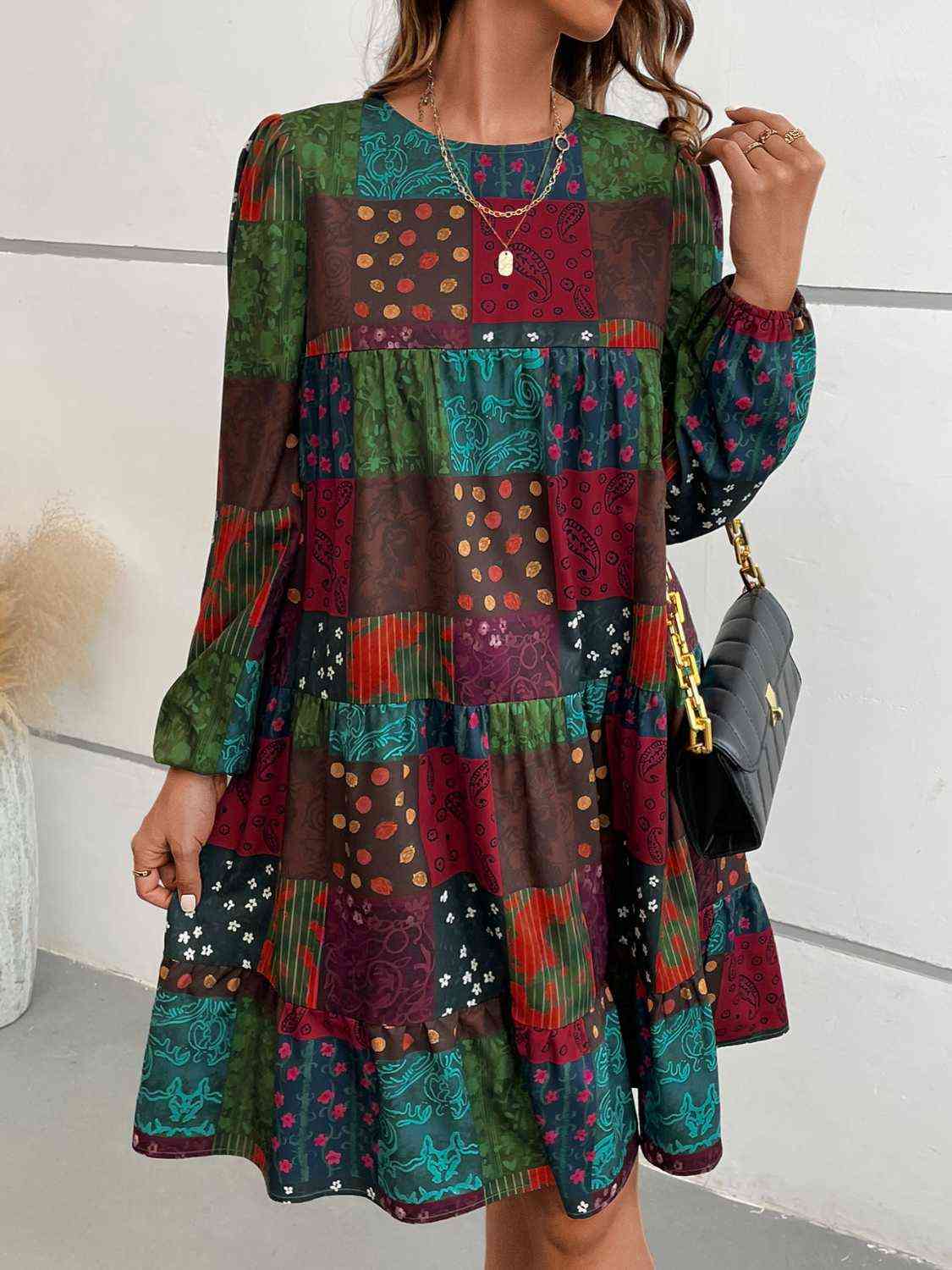 Patchwork Round Neck Long Sleeve Dress  Krazy Heart Designs Boutique   