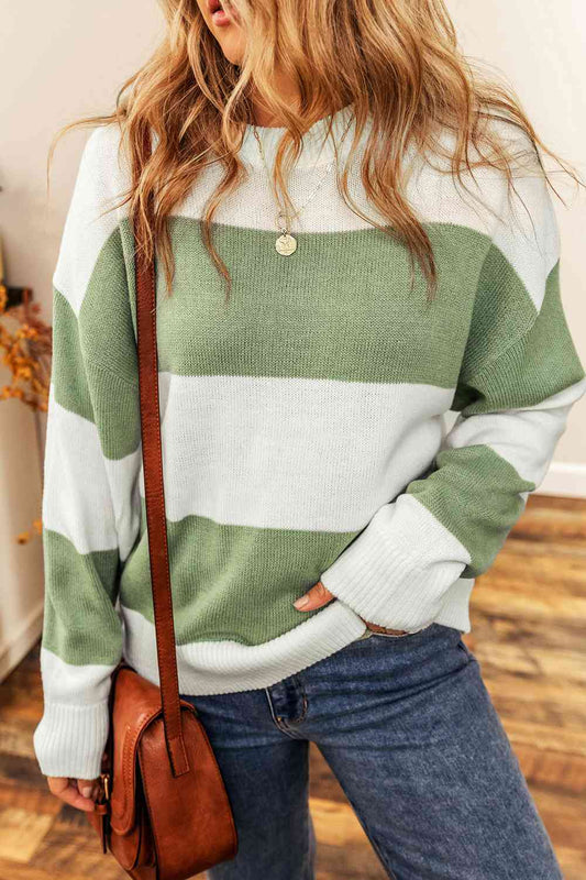 Color Block Round Neck Drop Shoulder Sweater  Krazy Heart Designs Boutique Gum Leaf S 