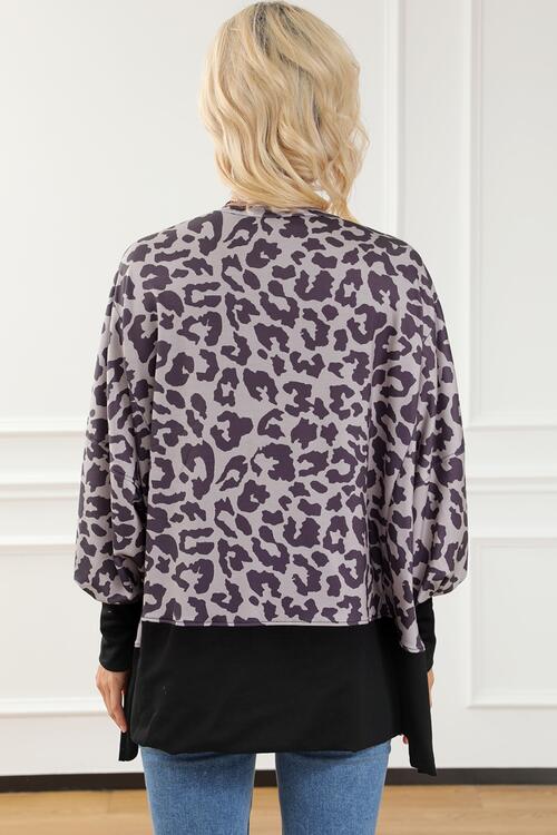 Leopard Print Round Neck Lantern Sleeve Slit Sweatshirt Shirts & Tops Krazy Heart Designs Boutique   