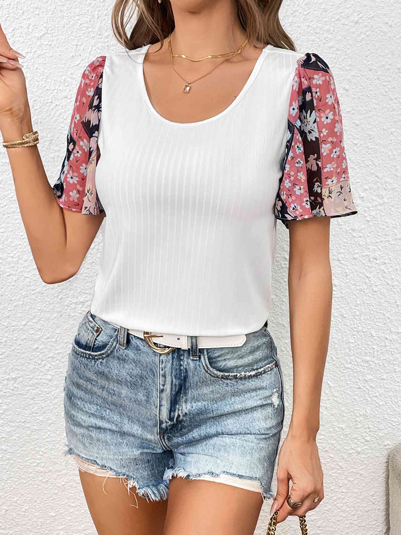 Printed Puff Sleeve Round Neck Tee (3 Colors)  Krazy Heart Designs Boutique White S 