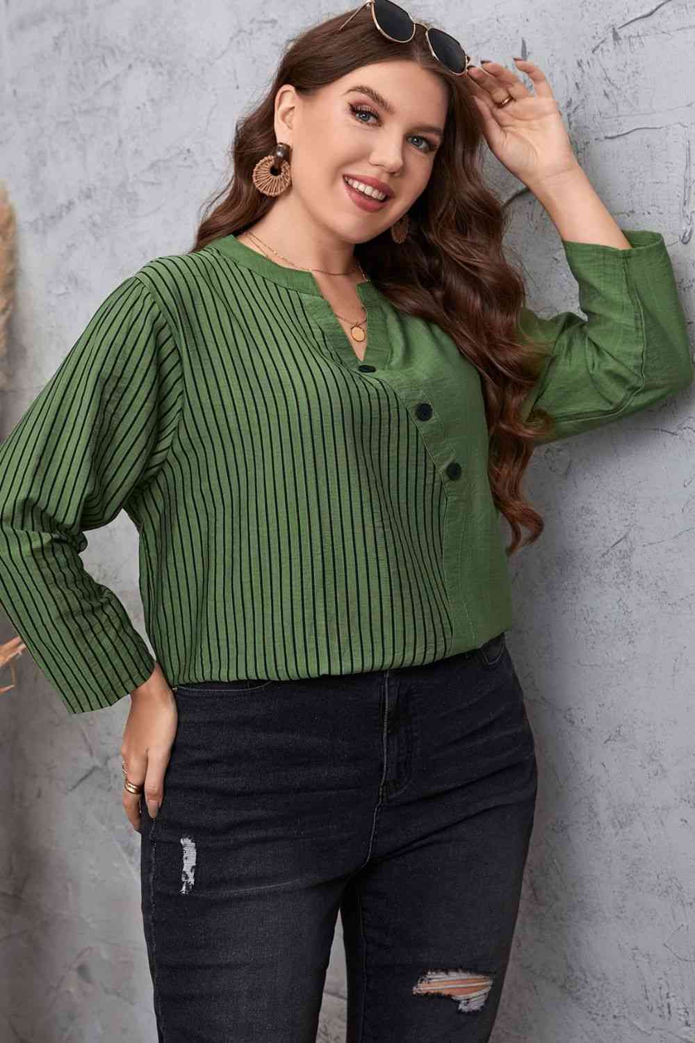 Plus Size Striped Notched Neck Top (2 Colors) Shirts & Tops Krazy Heart Designs Boutique   