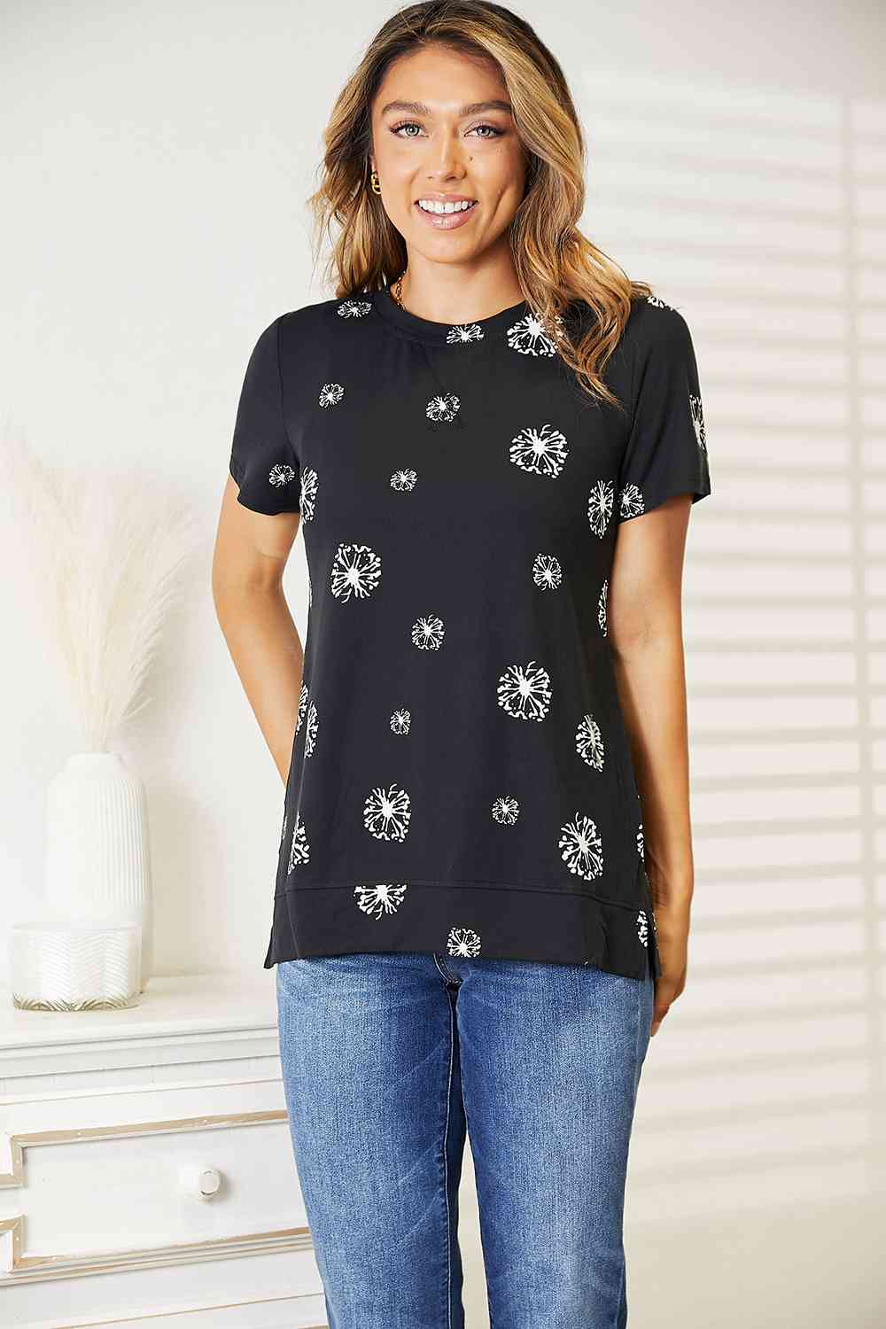 Double Take Dandelion Print Round Neck T-Shirt  Krazy Heart Designs Boutique   