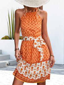 Floral Print Halter Neck Tie Waist Dress  Krazy Heart Designs Boutique Orange L 