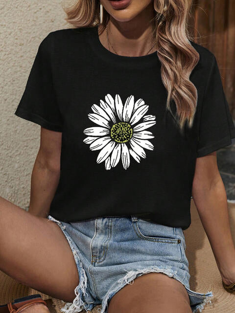 Sunflower Graphic Round Neck T-Shirt  Krazy Heart Designs Boutique Black S 