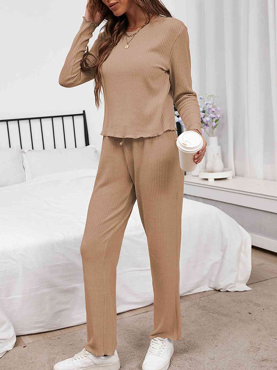 Round Neck Long Sleeve Top and Drawstring Pants Lounge Set (3 Colors)  Krazy Heart Designs Boutique   